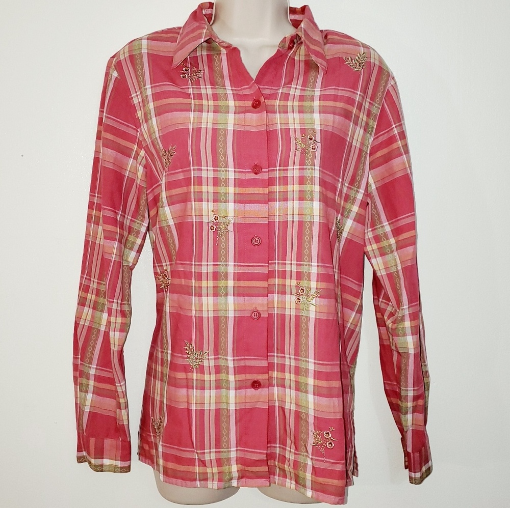Alfred Dunner plaid blouse floral embroidery